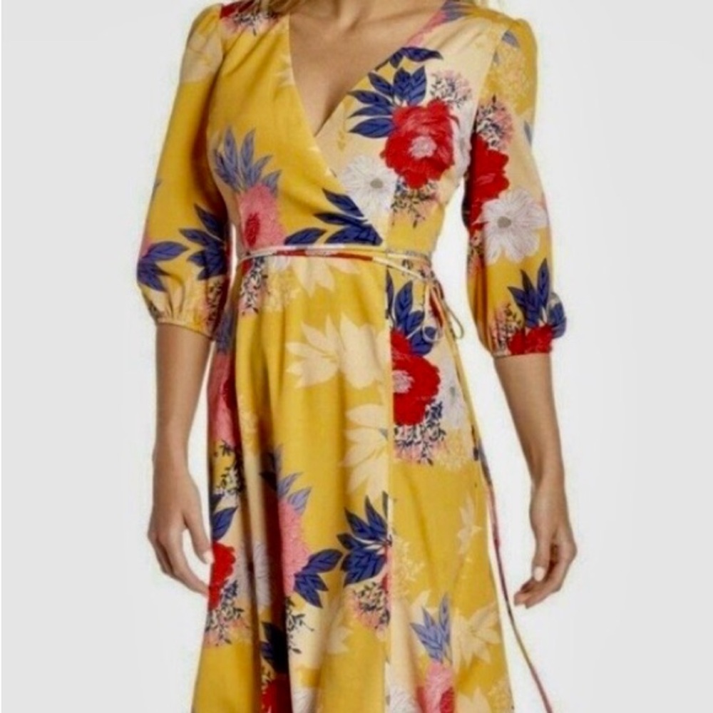 Yellow Floral Wrap Midi Dress